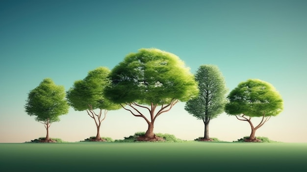Concepto de ecología con árboles verdes y nubes.