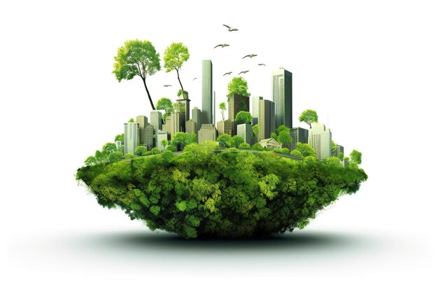 Concepto de ecología con ciudad ecológica verde sobre fondo de naturaleza