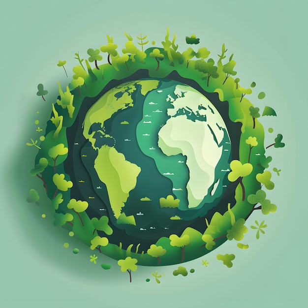 Concepto de ecología Ilustración vectorial del Día Mundial del Medio Ambiente Planeta y árboles Naturaleza armoniosa Un ecosistema vibrante que envuelve a la Tierra
