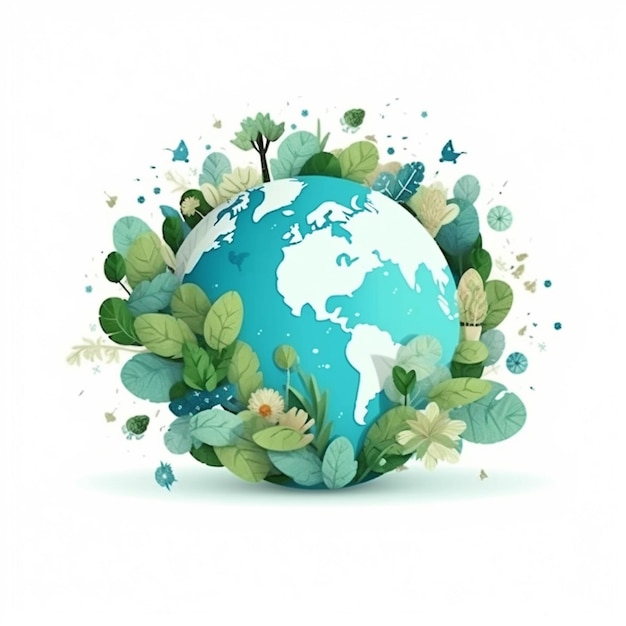 Concepto de ecología Planeta tierra con hojas verdes y flores Ilustración vectorial