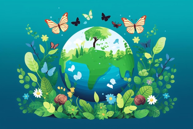 Concepto de ecología Planeta verde con flores y mariposas Concepto mundial del medio ambiente y del día de la tierra