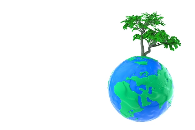 Concepto de ecología. Árbol verde sobre arcilla plastilina globo terráqueo sobre un fondo blanco. Representación 3D