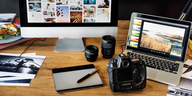 El concepto de edición del estudio de diseño de fotografía de cámara