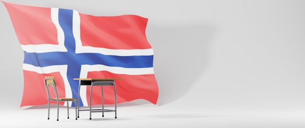 Concepto de educación. 3d de escritorio y bandera de Noruega sobre fondo blanco.