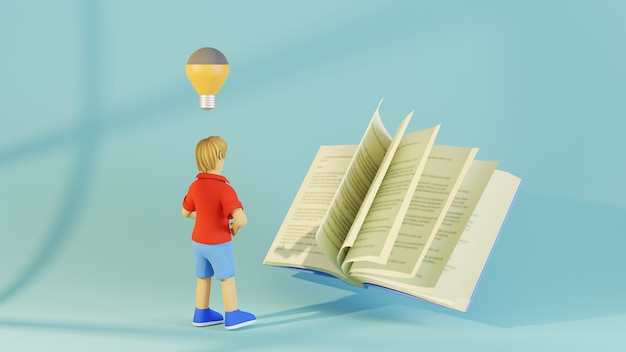 Foto concepto de educación. 3d de libro y niño sobre fondo azul.