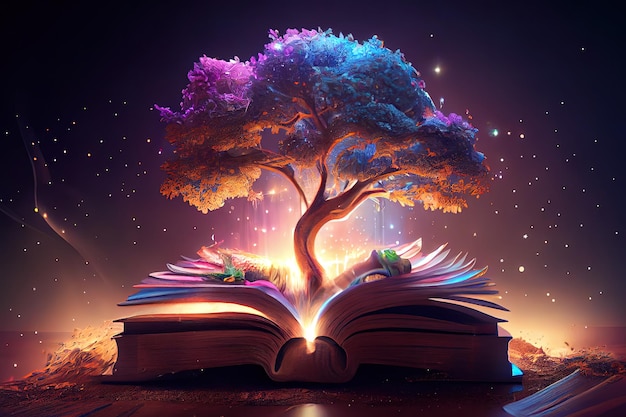 El concepto de educación al plantar un árbol del conocimiento en la apertura de un libro antiguo en la biblioteca Generative Ai