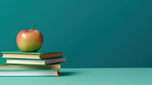 Concepto de educación Apple en una pila de libros escolares generados por IA