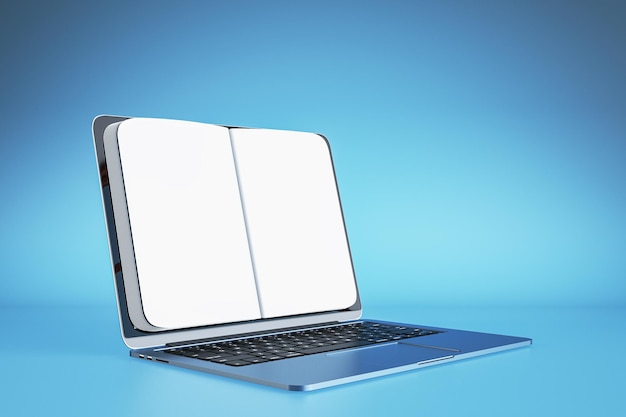 Concepto de educación y biblioteca electrónica de aprendizaje con vista en perspectiva en páginas de portátiles en blanco para publicidad y texto de marketing en la pantalla de un portátil moderno en maqueta de renderizado 3D de fondo azul