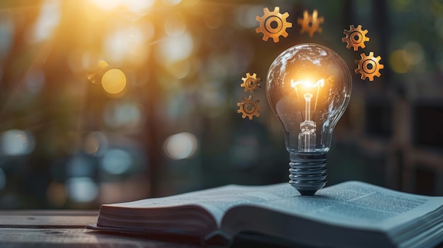 Concepto de educación bombilla cerebro y engranajes por encima libro abierto que simboliza el conocimiento y el aprendizaje