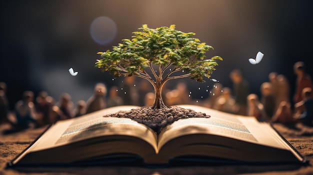 Concepto de educación cultivando un árbol de conocimiento abriendo un antiguo libro grande en una biblioteca y usando un libro de texto IA generativa