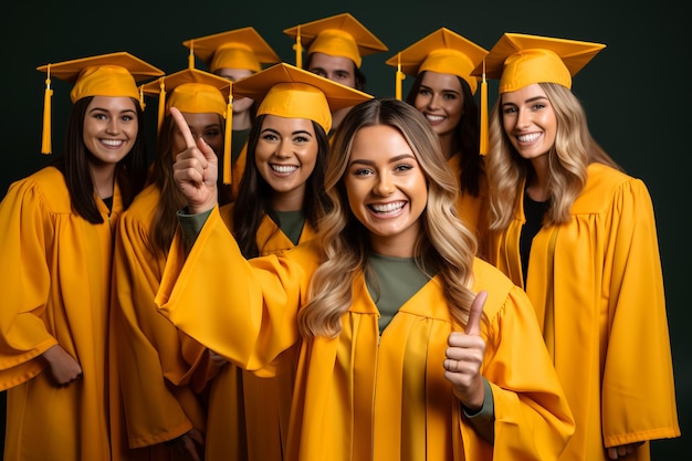 Concepto de educación Equipo feliz de estudiantes mostrando los pulgares hacia arriba en fondo amarillo