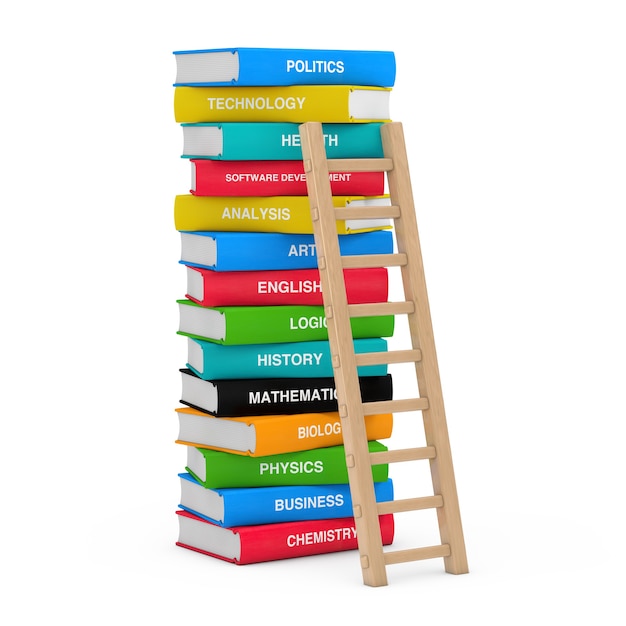 Concepto de educación. Escalera de madera con pila de libros escolares de colores sobre un fondo blanco Representación 3d