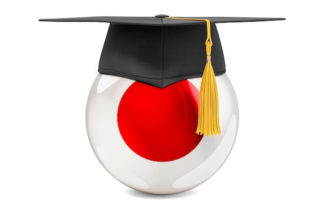 Concepto de educación en Japón Bandera japonesa con gorra de graduación Representación 3D