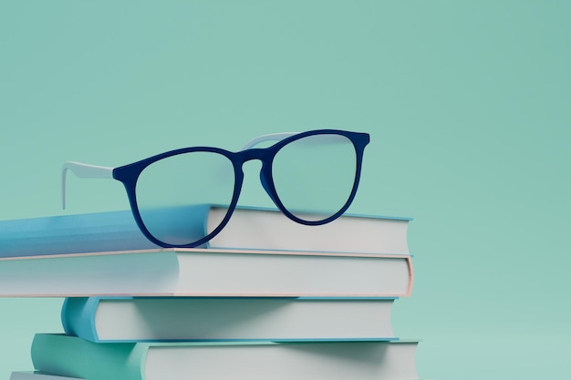 El concepto de educación y lectura de libros con gafas sobre un fondo turquesa 3D Render