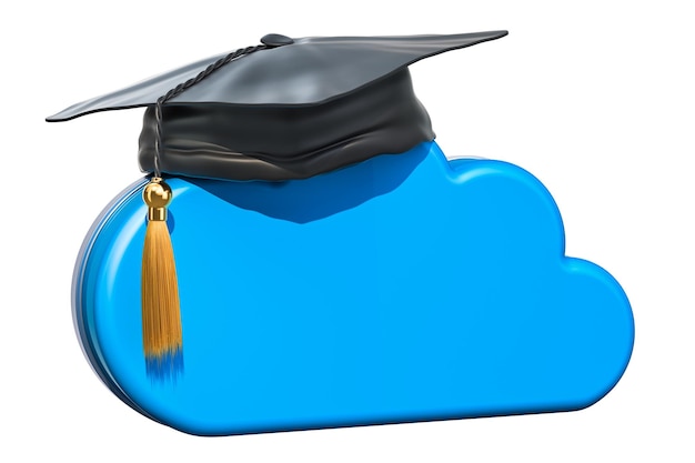 Foto el concepto de educación en línea en la nube de computadoras con representación 3d de la gorra de graduación