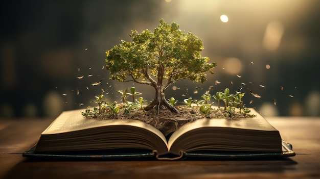 Concepto de educación con la plantación de un árbol del conocimiento y la apertura de un gran libro antiguo en una biblioteca IA generativa