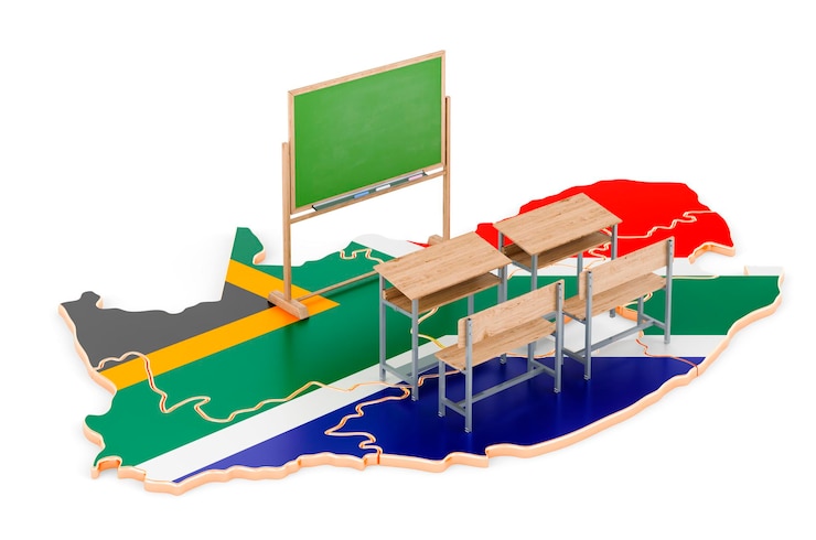 Foto concepto de educación en sudáfrica escritorios escolares y pizarra en el mapa de sudáfrica representación 3d