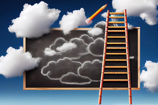 Foto concepto educativo de escalera hecha de lápices junto a nubes sobre pizarra generativa ai