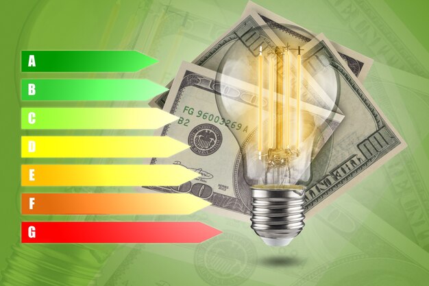 Concepto de eficiencia energética de las lámparas LED. Disminución del consumo eléctrico.
