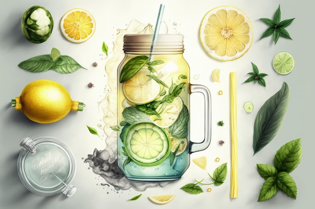 Concepto de ejercicio para el cuidado de la salud y una dieta nutritiva Bebida de desintoxicación de cóctel de limonada y pepino de limón frío fresco y agua infundida de menta en un frasco de vidrio Fondo con una vista superior y lig