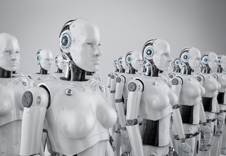 Foto concepto de ejército cyborg femenino con grupo de representación 3d de cyborgs femeninos o robots en una fila