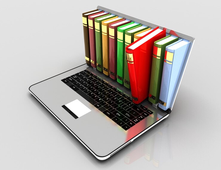 Concepto de elearning. laptop y books.3d ilustración