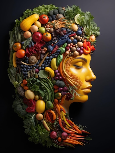 Concepto de elección de estilo de vida saludable Verduras verdes frescas y frutas en forma de cabeza humana como símbolo