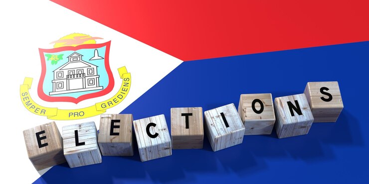 Foto concepto de elecciones de sint maarten bloques de madera e ilustración 3d de la bandera del país