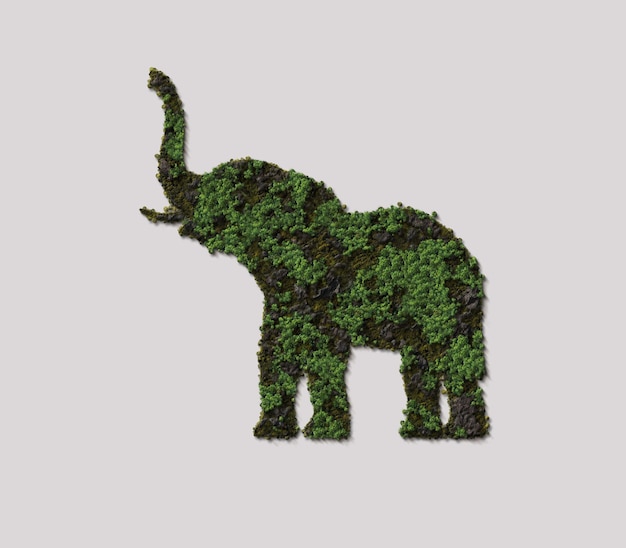 Concepto de elefante verde Forma de árbol o bosque de elefante aislado sobre fondo blanco