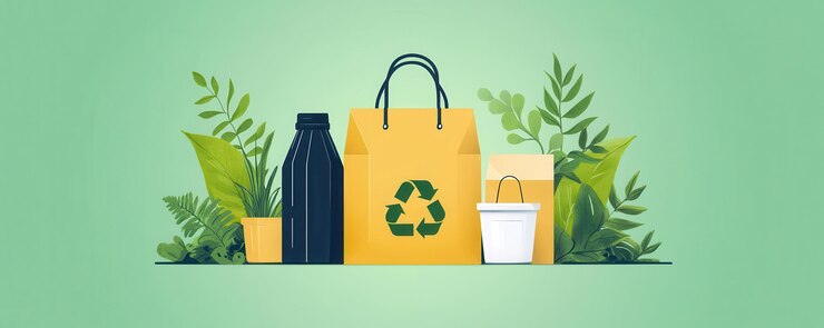 Concepto de embalaje ecológico con materiales sostenibles en una ilustración de diseño plano