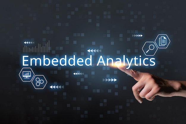 Concepto Embedded Analytics Persona toca inscripción gráfica abstracta