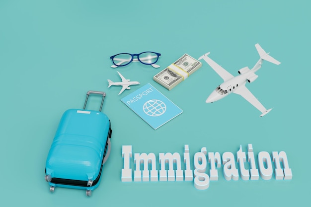 El concepto de emigración avión pasaporte equipaje dinero y la inscripción emigración 3D render
