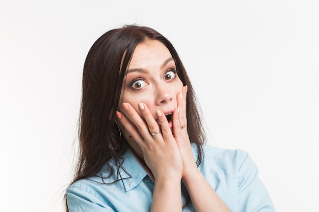 Concepto de emociones y personas - mujer joven sorprendida, asustada y cerrar la boca con las manos en la pared blanca.