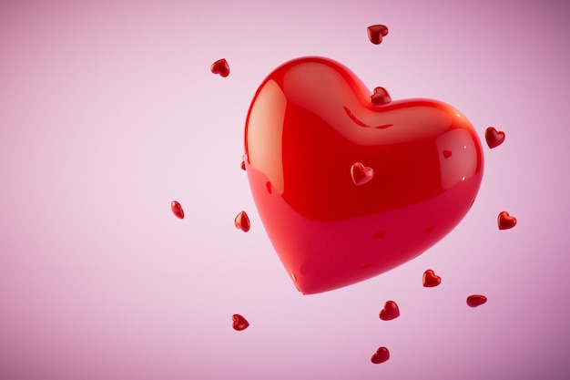 El concepto de enamorarse de un gran corazón alrededor del cual pequeños corazones se esparcen en 3D