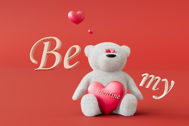 El concepto de enamorarse del oso de peluche con un corazón y la inscripción sea mi versión 3D de San Valentín