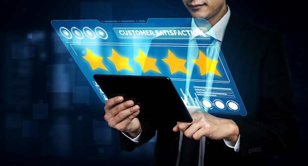 Concepto de encuesta de comentarios de satisfacción de revisión del cliente.