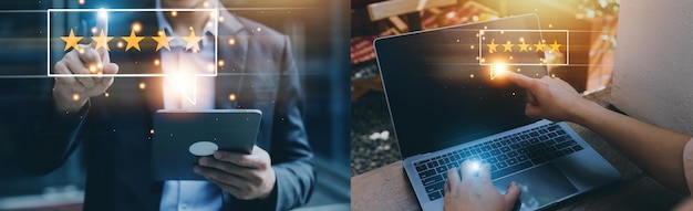 El concepto de encuesta de retroalimentación de satisfacción del cliente El usuario da una calificación a la experiencia del servicio en la aplicación en línea El cliente puede evaluar la calidad del servicio que conduce a la clasificación de la reputación de la empresa