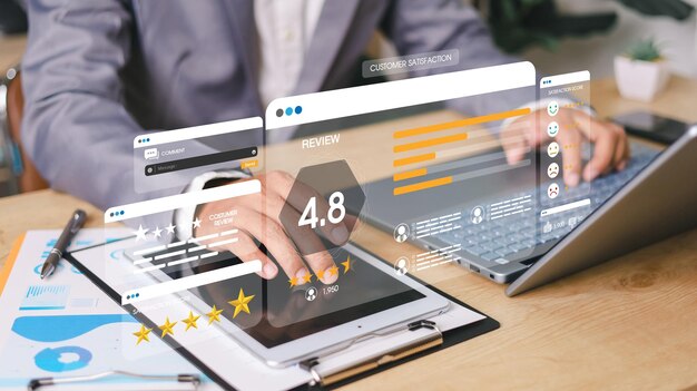 Concepto de encuesta de retroalimentación de satisfacción de revisión del cliente El cliente puede evaluar la calidad del servicio que conduce a la clasificación de reputación del negocio