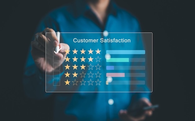 Concepto de encuesta de satisfacción del cliente Satisfacción de los comentarios y reseñas de los usuarios Clasificación de la experiencia de servicio Aplicación en línea 5 estrellas feliz excelente Evaluación de la calidad del servicio del producto por parte de los clientes