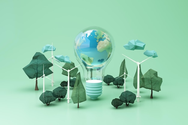 Concepto de energía limpia en el Día Mundial del Medio Ambiente o Día Internacional de los Bosques concepto árbol y globo terráqueo en bombilla con molino de viento sobre fondo pastel 3d renderizado