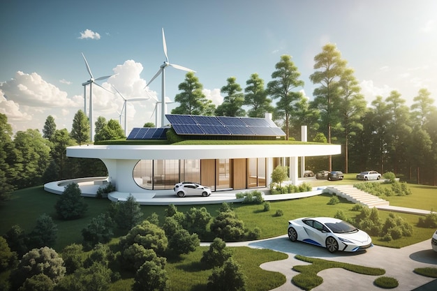 Concepto de energía limpia en el día mundial del medio ambiente o el día internacional casa blanca en el techo con células solares en un bosque natural rodeado de árboles y molinos de viento y autos eléctricos ev renderizado 3d