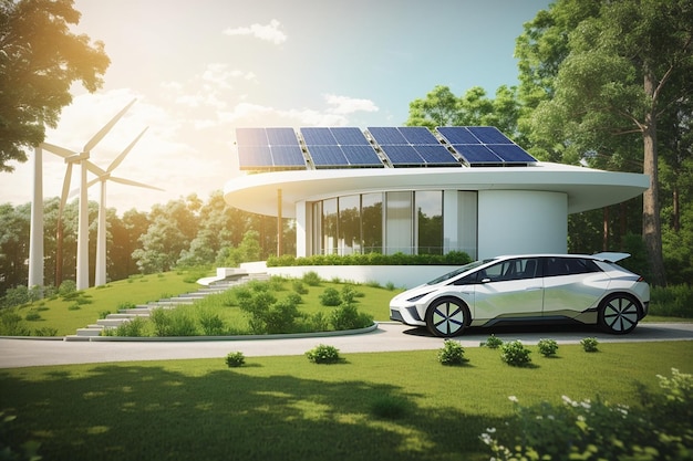 Concepto de energía limpia en el día mundial del medio ambiente o el día internacional casa blanca en el techo con células solares en un bosque natural rodeado de árboles y molinos de viento y autos eléctricos ev renderizado 3d