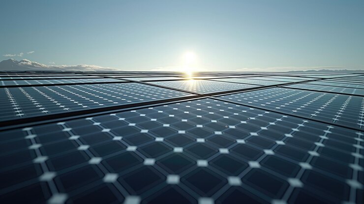 Concepto de energía limpia con filas de paneles solares bajo un cielo despejado Aprovechando la energía solar