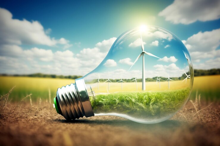Concepto de energía verde Bombilla eléctrica y turbinas eólicas Ai generativo