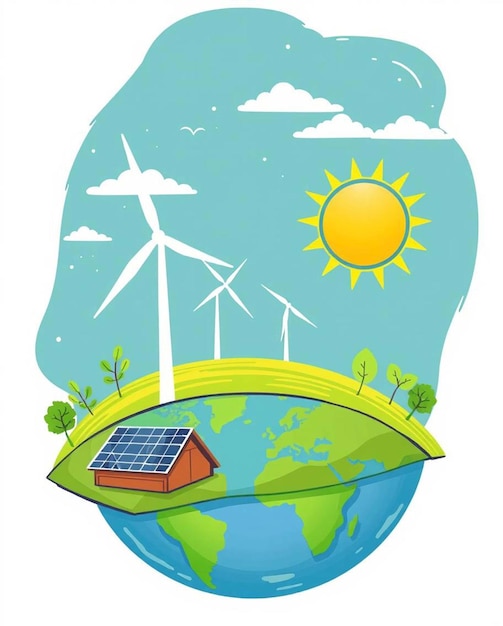 Concepto de energía verde con paneles solares y turbinas eólicas