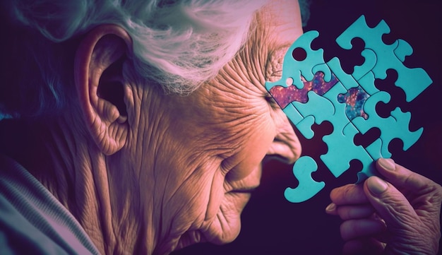 Concepto de enfermedad de Alzheimer Anciana sosteniendo braiGenerative AI