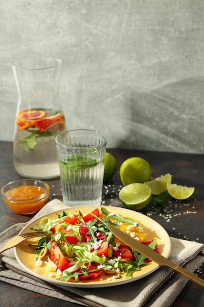 Concepto de ensalada de comida sabrosa con naranja roja