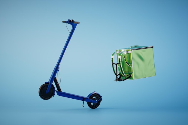 El concepto de entrega de alimentos Scooter eléctrico y bolsa de entrega de alimentos sobre un fondo azul 3D Render