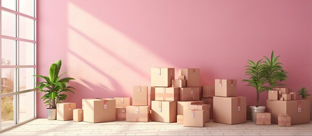 Concepto de entrega con cajas de tarjetas con códigos de barras en suelo de hormigón en una soleada habitación vacía con pared rosa