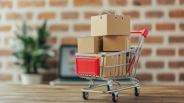 Concepto de entrega de compras en línea Carrito de compras con cajas en mesa de madera